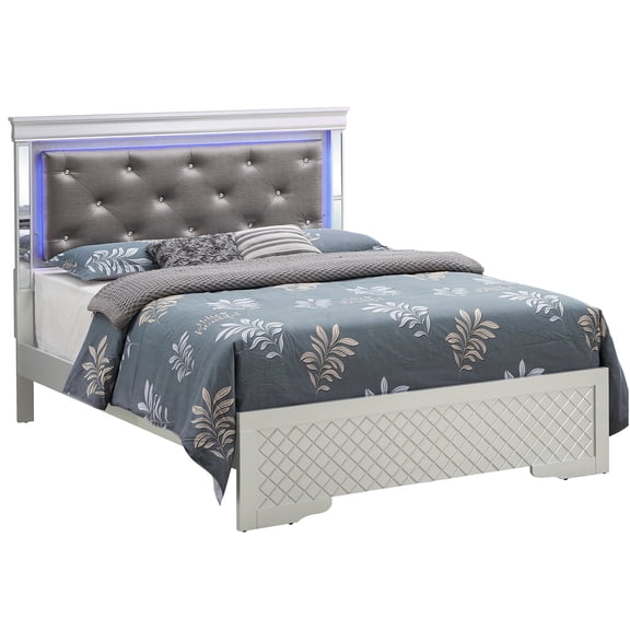 JERFIT Queen Size Bed with LED Headboard, Upholstered Platform Bed Frame with Jewel Tufting and Chrome Finish for Modern Bedroom