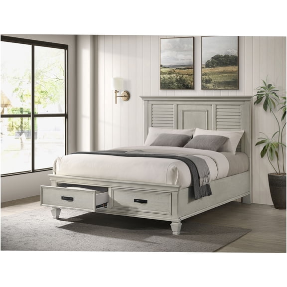 JERFIT Queen Size Bed with Storage Drawers, White Farmhouse Platform Bed Frame, Distressed Wood Finish, Mission Style Headboard