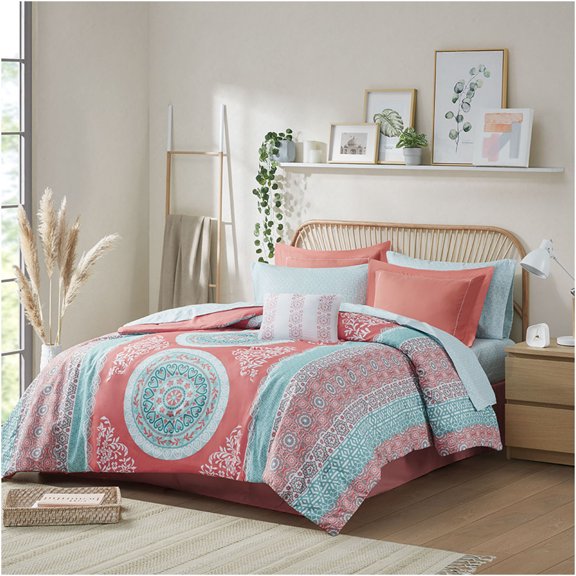 JERFIT Queen Size Boho Chic Bedding Set 8-Piece Coral Floral Medallion Print Comforter Sheet Set with Ruffle Bedskirt, OEKO-TEX Certified