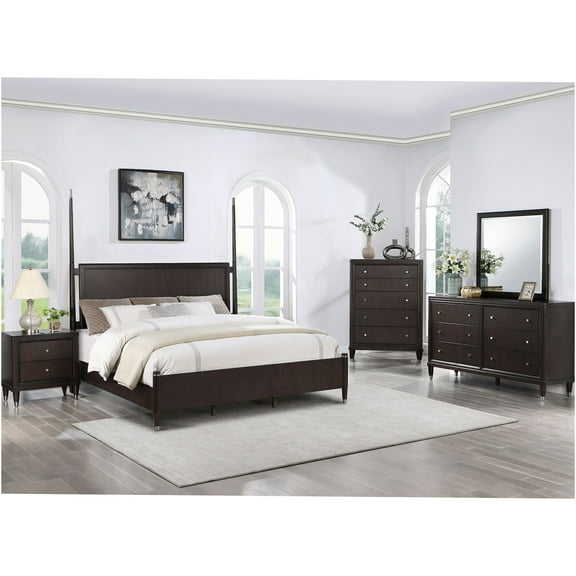 JERFIT Queen Size Brown Wood Four Poster Bed with Floating Headboard, Modern Canopy Bed Frame with Metallic Finials for Sophisticated Bedroom