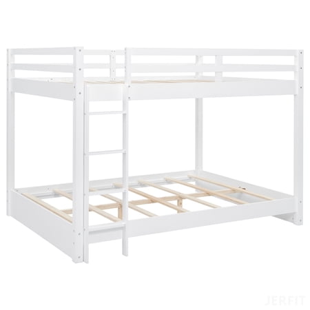 JERFIT-Queen Size Bunk Bed with Ladder and Guardrails for Adults Teens, Easy Assemble,White
