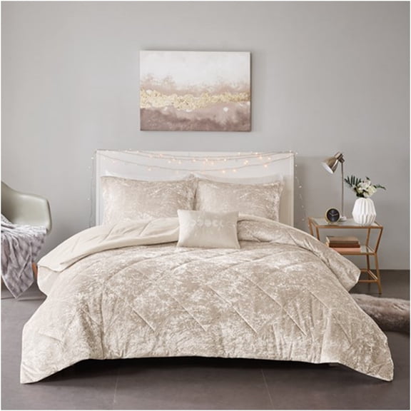 JERFIT Queen Size Champagne Velvet Comforter Set with Shams & Pillow, Diamond Quilted Luxury Bedding Collection, Soft & Warm Polyester Microfiber