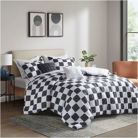 JERFIT Queen Size Checkered Comforter Set, 7-Piece Black and White Bedding Set with Reversible Microfiber Comforter, Shams & Decorative Pillows