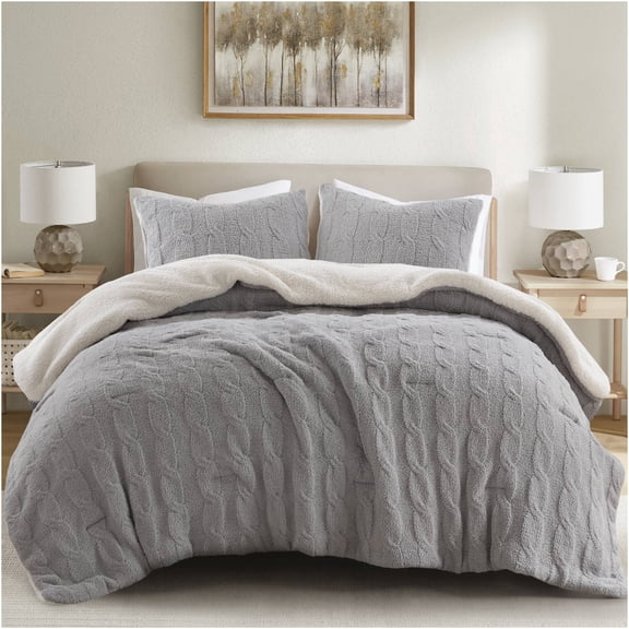 JERFIT Queen Size Comforter Set - 3 Piece Cable Knit Bedding Ensemble with Ultra Soft Chenille and Sherpa Reverse, Gray