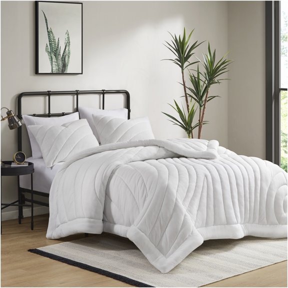 JERFIT Queen Size Comforter Set, 3-Piece Puffy Quilted Bedding Set with Shams, Ultra Soft Polyester Jersey, Hypoallergenic & Antimicrobial, Machine Washable, White