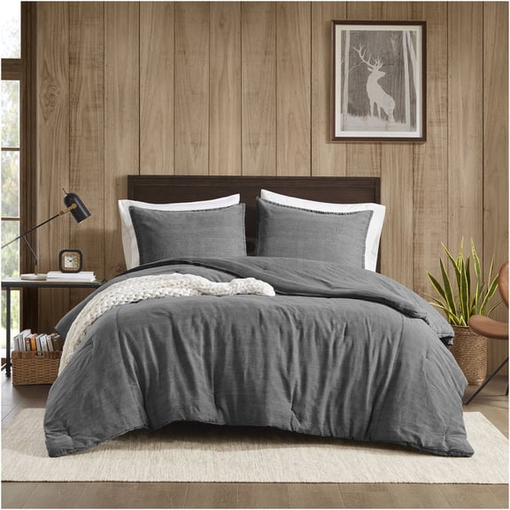 JERFIT Queen Size Comforter Set, 3-Piece Stone Washed Cotton Bedding Set, All Season Oversized Down Alternative Comforter with Shams, Grey