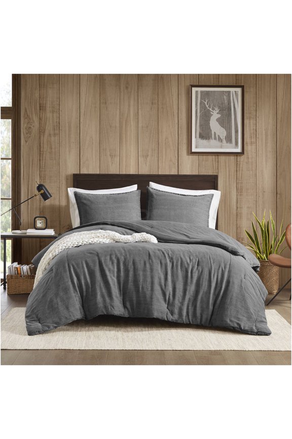 Queen Size Comforter Set, 3-Piece Stone Washed Cotton Bedding Set, All Season Oversized Down Alternative Comforter with Shams, Grey