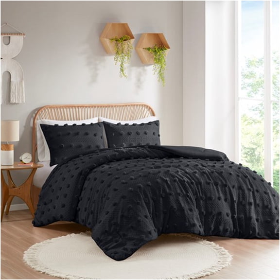 JERFIT Queen Size Comforter Set, Black Jacquard Bedding Set with Pom Poms, Hypoallergenic & Antimicrobial, Full/Queen 5-Pc