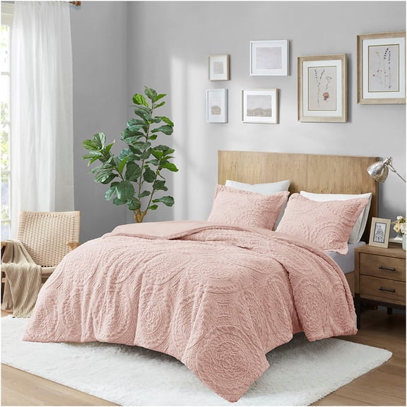 JERFIT Queen Size Comforter Set Blush Pink, Embroidered Faux Fur & Mink Plush Bedding Set, Ultra Soft Hypoallergenic, Includes 1 Comforter & 2 Shams