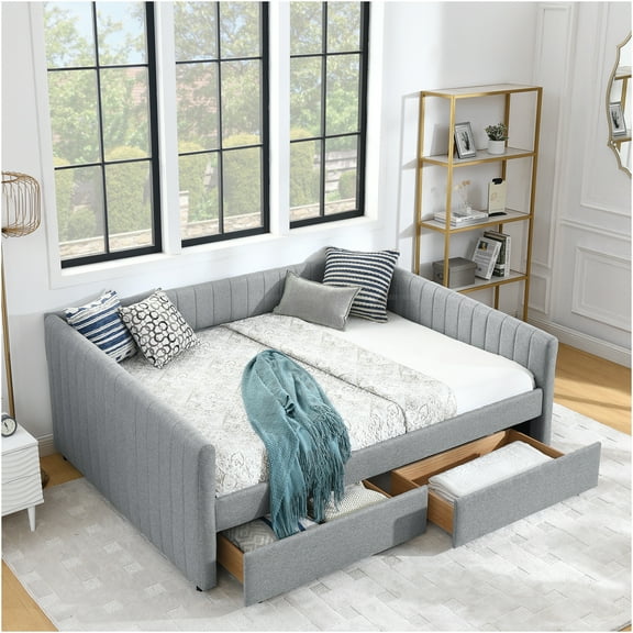 JERFIT Queen Size Daybed with Two Drawers Trundle Upholstered Sofa Bed with Vertical Stripes Lin