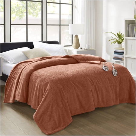 JERFIT Queen Size Electric Heated Blanket with Dual Controls, 10 Heat Settings & Auto Shut-Off, Ultra-Soft Faux FeatherSoft Reversible Throw, Machine Washable, Rust Color