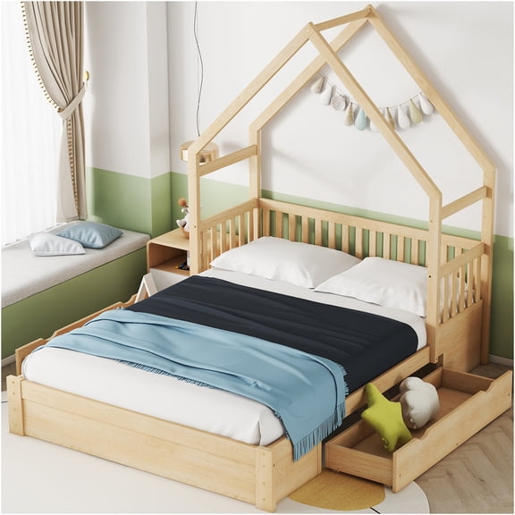 JERFIT Queen Size House Platform Bed with Guardrail and 2 Drawers Natural