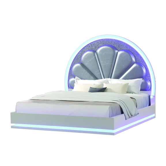 JERFIT Queen Size LED Platform Bed with Moon Light Headboard, Modern Upholstered Wood Bed Frame with Built-in Ambient Lighting, White