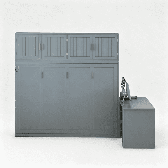 JERFIT Queen Size Murphy Bed with Built-In Desk and Storage, Space Saving Wall Bed, Modern Gray Finish