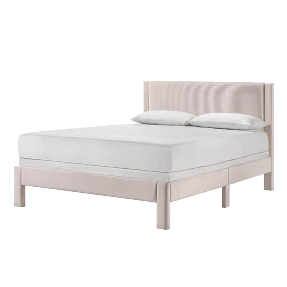 JERFIT Queen Size Pink Upholstered Bed with Plush Ribbed Headboard, Low Profile Platform Bed Frame for Modern Bedroom