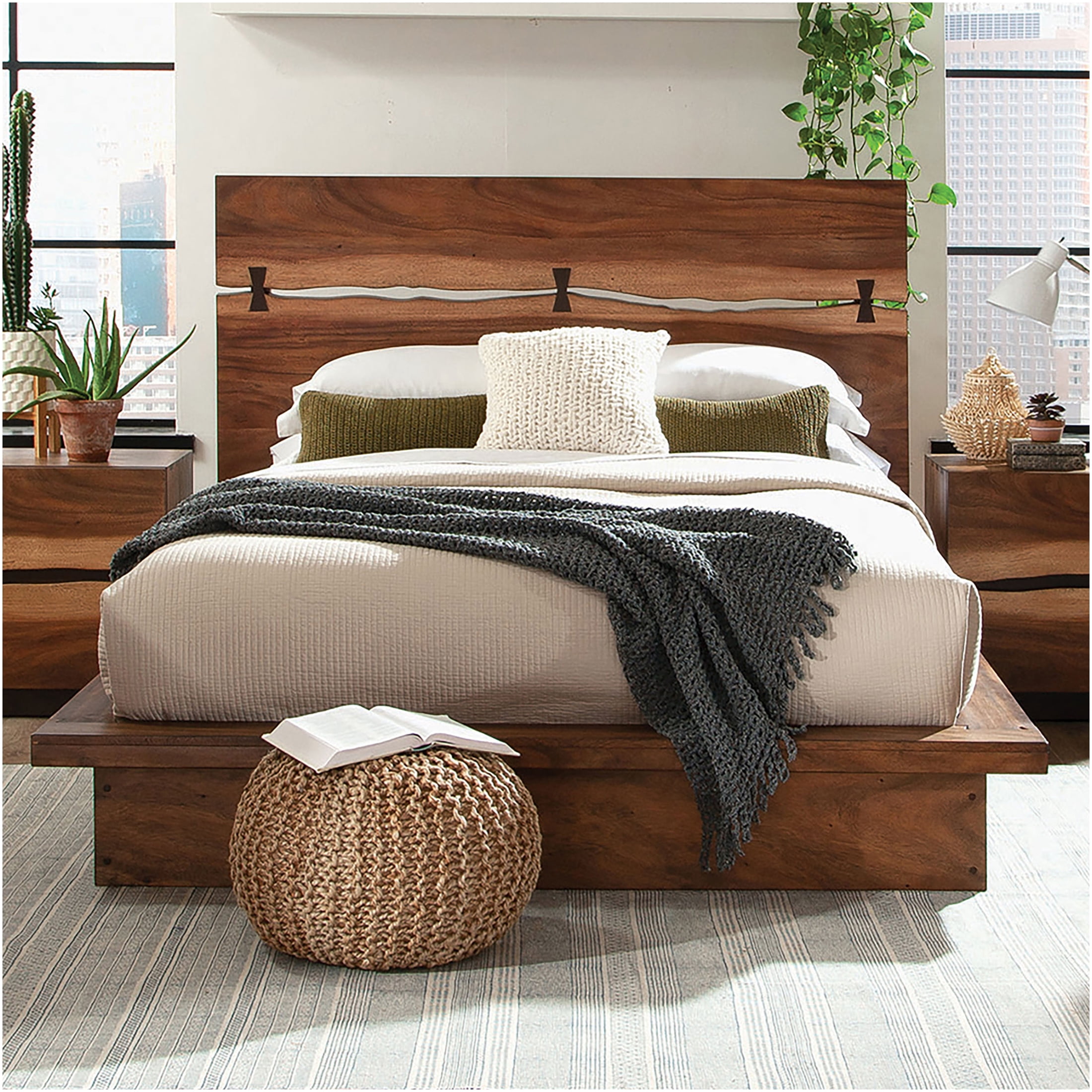 JERFIT Queen Size Platform Bed Frame, Smokey Walnut Wood Bedroom Furniture with Upholstered Headboard and Strong Slat Support