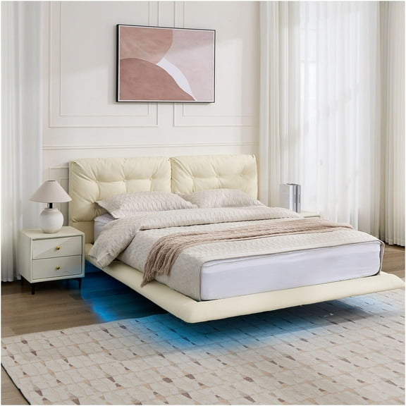 JERFIT Queen Size Platform Bed with LED Lights and Upholstered Headboard, Modern PU Leather Bed Frame, No Box Spring Needed, White