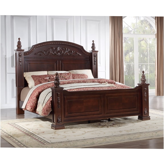 JERFIT Queen Size Post Bed Frame in Rich Cherry Finish, Solid Wood Structure with Classic Design for Bedroom, Requires Box Spring