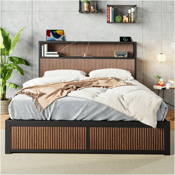 JERFIT Queen Size Storage Bed Frame with USB Charging Station, 4 Drawers, Wood Platform Bed, 1000lbs Capacity, Brown