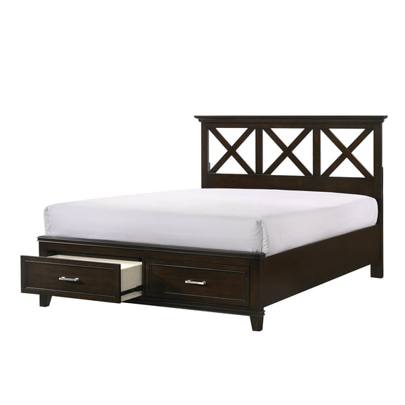 JERFIT Queen Size Storage Platform Bed Frame with X Design Headboard, Mahogany Finish, Solid Wood MDF Construction for Modern Bedroom