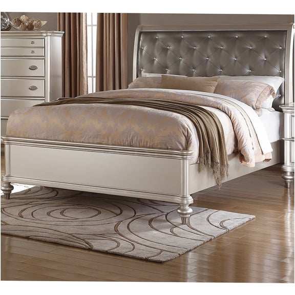 JERFIT Queen Size Upholstered Bed Frame with Tufted Headboard, Modern Faux Leather Platform Bed with Nailhead Trim, No Box Spring Needed, Champagne Silver