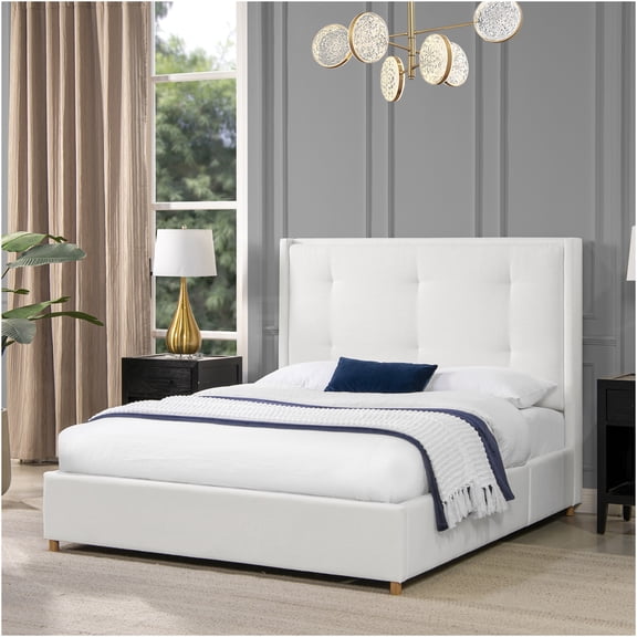 JERFIT Queen Size Upholstered Bed Frame with Wingback Headboard, Antique White Fabric Platform Bed, No Box Spring Needed, Modern Farmhouse Bedroom Furniture