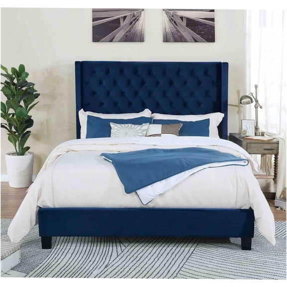 JERFIT Queen Size Upholstered Bed Frame with Wingback Headboard, Navy Blue Velvet Fabric, Tufted Diamond Stitching, Modern Transitional Bedroom Furniture