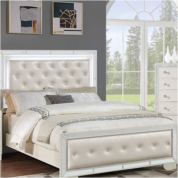 JERFIT Queen Size Upholstered Bed Frame with LED Headboard, Tufted Faux Leather Platform Bed with Mirror and Nailhead Trim, Cream Ivory