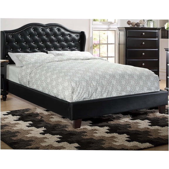 JERFIT Queen Size Upholstered Bed Frame with Wingback Headboard, Diamond Tufted Faux Leather, Modern Platform Bed, No Box Spring Needed, Black