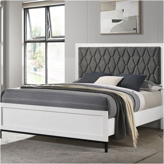 JERFIT Queen Size Upholstered Bed, Modern White Fabric Platform Bed with Hexagon Tufted Headboard, Wood Frame Bedroom Furniture