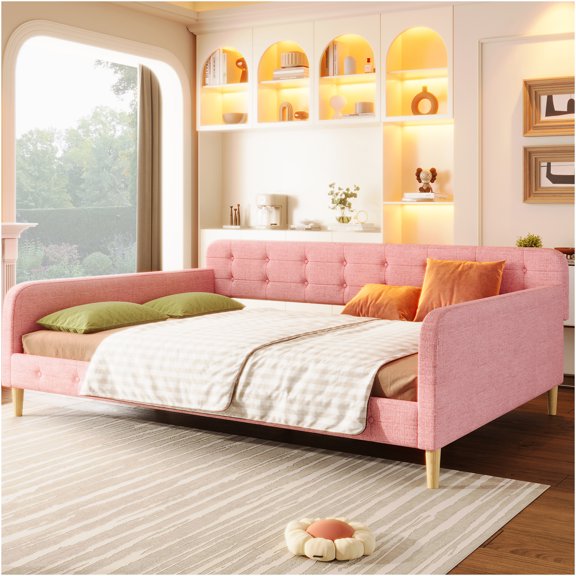 JERFIT Queen Size Upholstered Daybed with 4 Support Legs Rubine