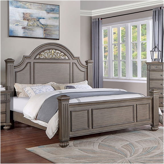 JERFIT Queen Size Upholstered Panel Bed with Floral Carved Headboard, Gray Solid Wood Frame, Modern Bedroom Furniture