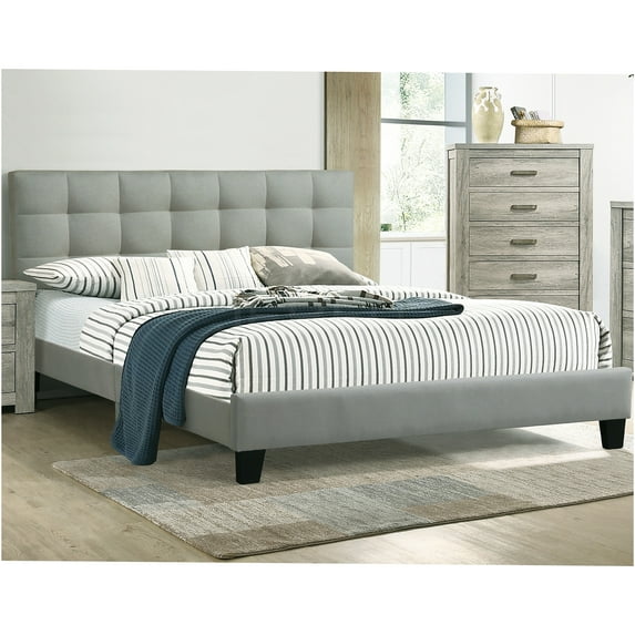 JERFIT Queen Size Upholstered Platform Bed Frame with Tufted Headboard, Modern Light Grey Fabric, No Box Spring Needed