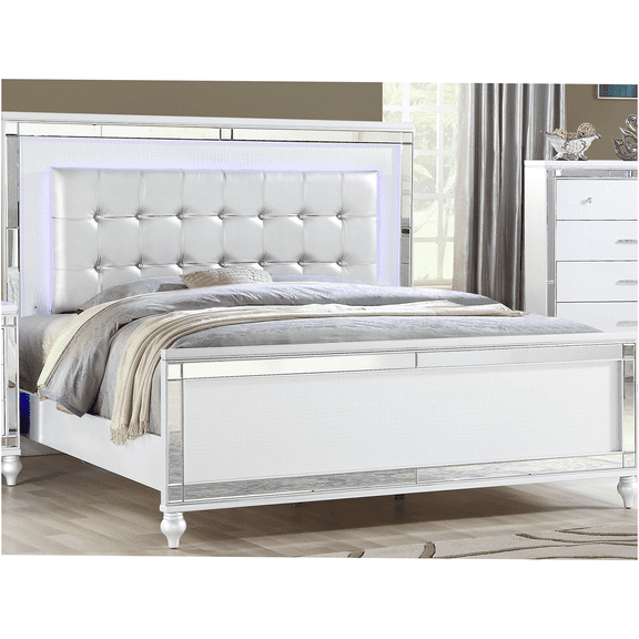 JERFIT Queen Size Upholstered Platform Bed with LED Headboard, Modern White Wood Bed Frame with Crystal Tufted Design for Bedroom