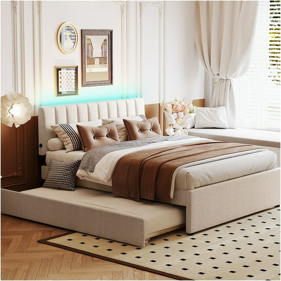 JERFIT Queen Size Upholstered Platform Bed with LED Lights and Twin XL Trundle, Beige Teddy Fleece Fabric, No Box Spring Needed