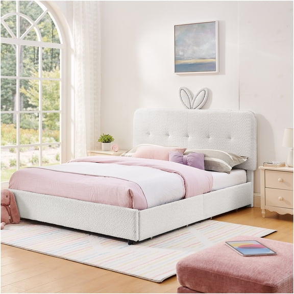 JERFIT Queen Size Upholstered Platform Bed with Rabbit Ear Headboard, LED Lights, and 4 Storage Drawers, Beige Boucle Fabric