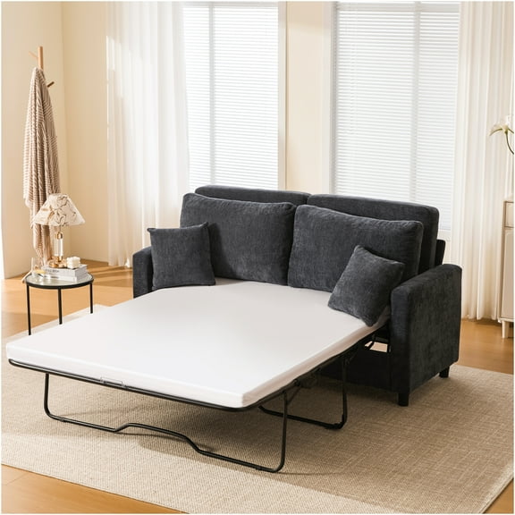 JERFIT Queen Sleeper Sofa Bed, Modern Convertible Pull Out Couch with Memory Foam Mattress for Small Spaces, Dark Gray Linen Fabric