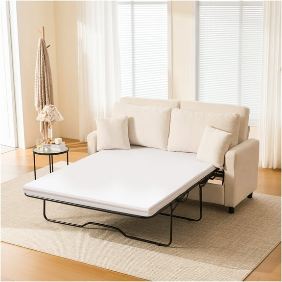 JERFIT Queen Sleeper Sofa Bed for Small Spaces, Modern Convertible Pull Out Couch with Memory Foam Mattress, Beige Linen Upholstery Futon for Apartment, Studio