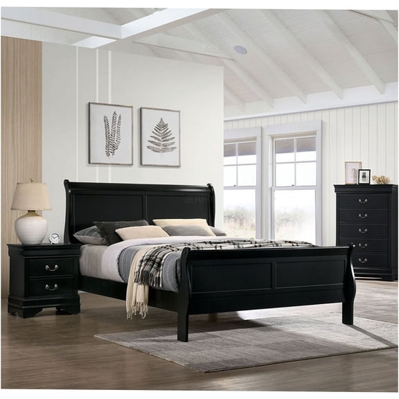 JERFIT Queen Sleigh Bed Frame Black Solid Wood Modern Platform Bed with Bracket Feet for Master Bedroom
