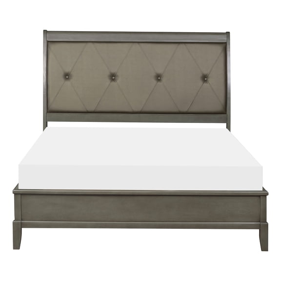 JERFIT Queen Sleigh Bed Frame, Gray Faux Leather Upholstered Button Tufted Headboard, Transitional Style Wood Platform Bed with Footboard