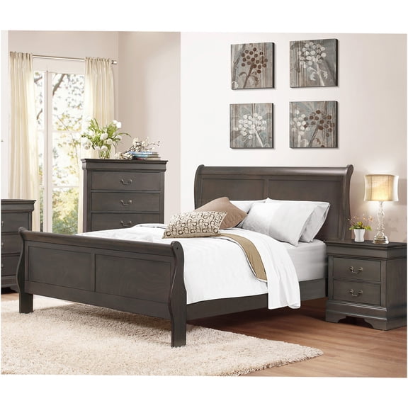 JERFIT Queen Sleigh Bed Frame, Traditional Gray Wood Platform Bed with Headboard Footboard, No Box Spring Needed