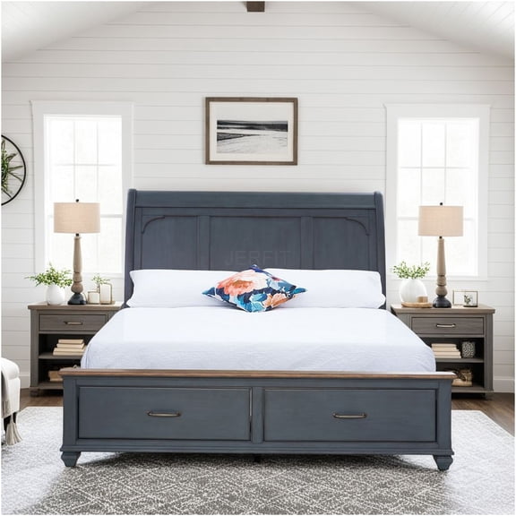 JERFIT Queen Sleigh Bed with Storage and USB Charging, Blue Upholstered Platform Bed Frame with Footboard Drawers for Bedroom