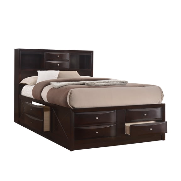 JERFIT Queen Storage Bed Frame with Bookcase Headboard, 8 Drawers, Dark Cherry Finish, Solid Wood Platform Bed