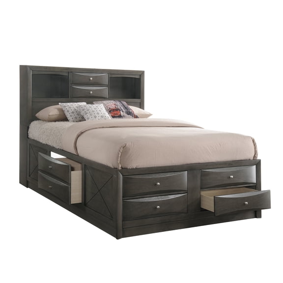 JERFIT Queen Storage Bed Frame with Bookcase Headboard, 9-Drawer Platform Bed, Gray Wood Captain's Bed for Bedroom