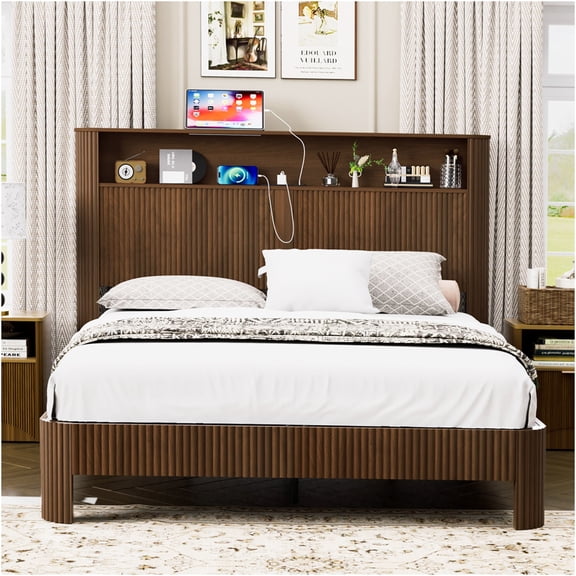 JERFIT Queen Storage Bed Frame with Charging Station, Wave Design Headboard, Noise Free Metal Platform, Walnut Finish