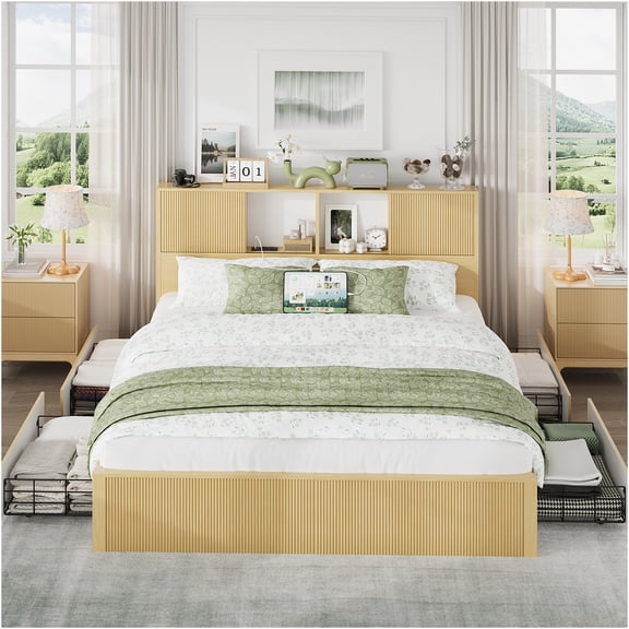 JERFIT Queen Storage Bed Frame with USB Ports, Headboard Shelves, 4 Drawers, Oak Finish, No Box Spring Needed