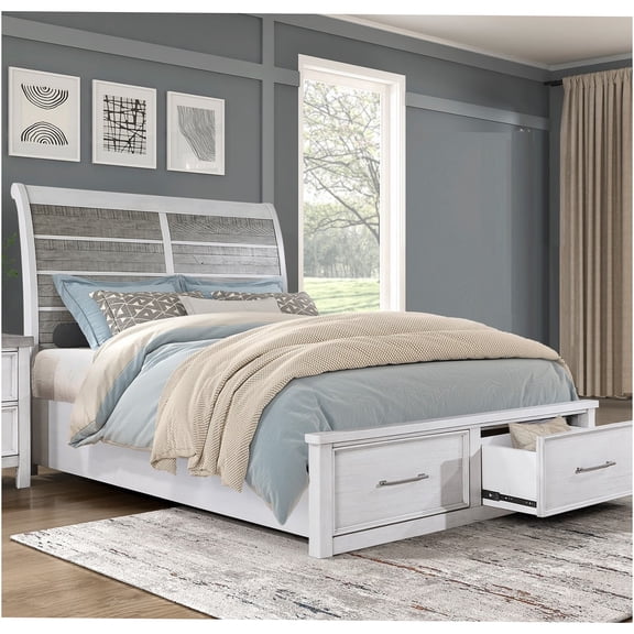 JERFIT Queen Storage Platform Bed with Footboard, Classic Wood Bed Frame, Antique White or Gray Finish