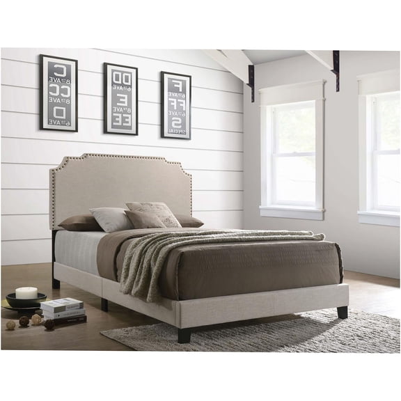 JERFIT Queen Upholstered Bed, Beige Fabric Panel Headboard with Nailhead Trim and Black Legs for Modern Bedroom