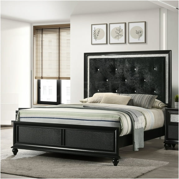 JERFIT Queen Upholstered Bed, Black Tufted Platform Bed with Diamond Pattern and Crystal Buttons, Solid Wood Frame for Modern Bedroom