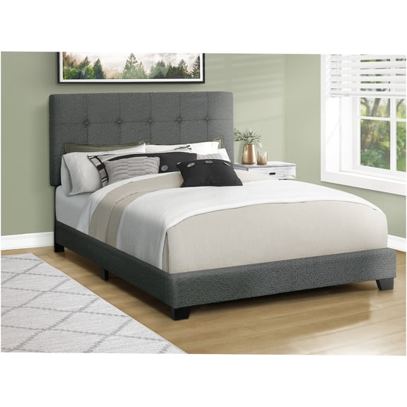 JERFIT Queen Upholstered Bed Frame with Button Tufted Headboard, Dark Grey Boucle Fabric, Low Profile Platform Bed with Wood Slat Support, Easy Assembly, No Box Spring Needed